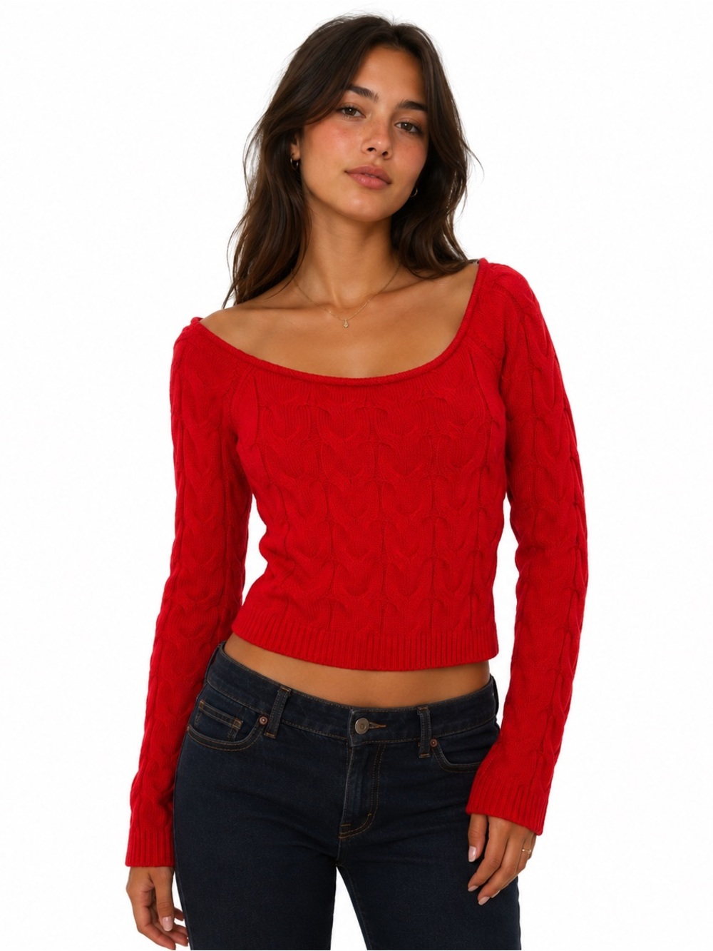 Aeropostale Red Off-the-Shoulder Cable Knit Sweater Top